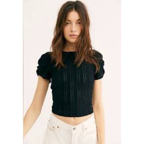 Free People Black Star Struck Puff Sleeve Open Back Top L Eyelet Tie Back Boho - Picture 1 of 9